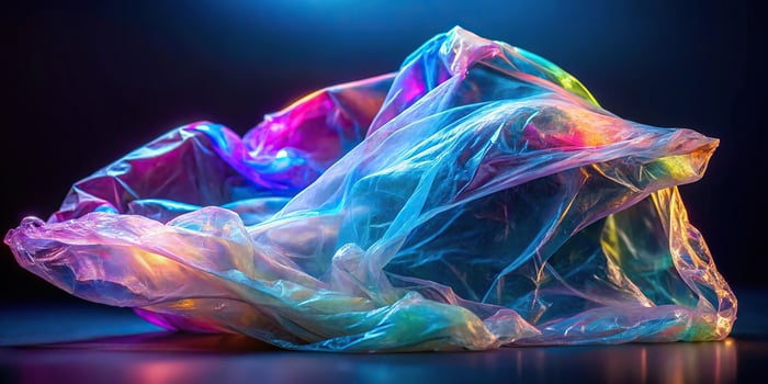 Abstract bioluminescent iridescent plastic bag flowing gracefully in background with perfect effect overlay for photoshoot or mockups point of view photo