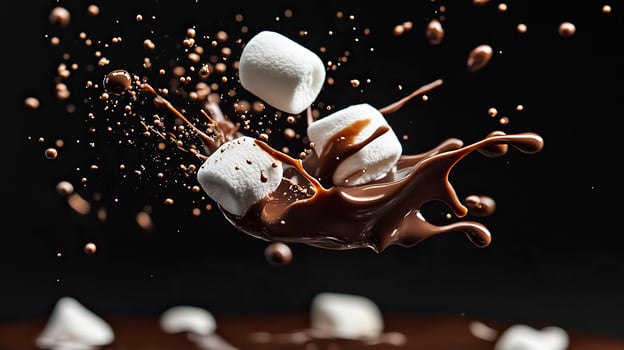 Splashes of chocolate and marshmallows isolated on a black background. photo