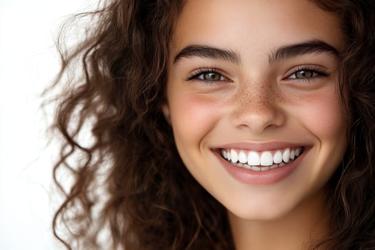 A close-up portrait of a beautiful, smiling young woman with long, curly hair and healthy, white teeth. photo