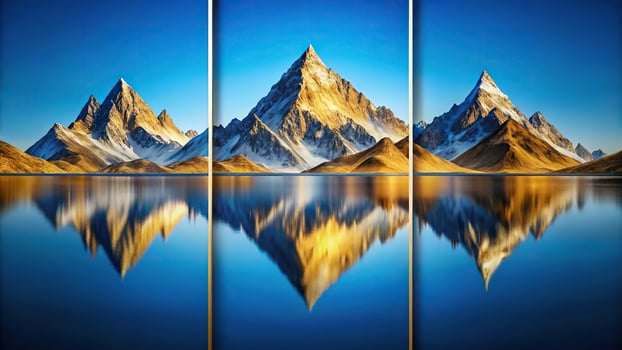 Abstract blue and gold mountain triptych reflected in water photo