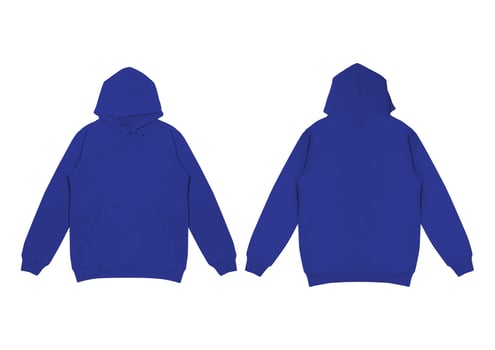 Template blank flat blue hoodie. Hoodie sweatshirt with long sleeve flatlay mockup. for design and print. Hoody front and back top view isolated on white background photo