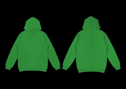 Template blank flat green hoodie. Hoodie sweatshirt with long sleeve flatlay mockup. for design and print. Hoody front and back top view isolated on white background photo