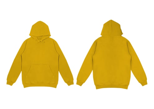 Template blank flat yellow hoodie. Hoodie sweatshirt with long sleeve flatlay mockup. for design and print. Hoody front and back top view isolated on white background photo