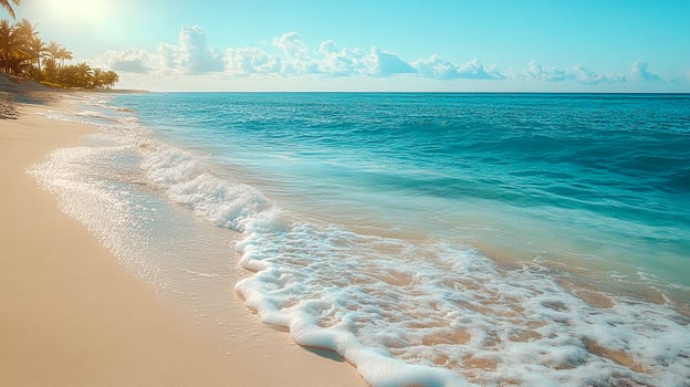 A photorealistic image of a serene tropical beach, featuring pristine white sand and crystal-clear turquoise water. photo