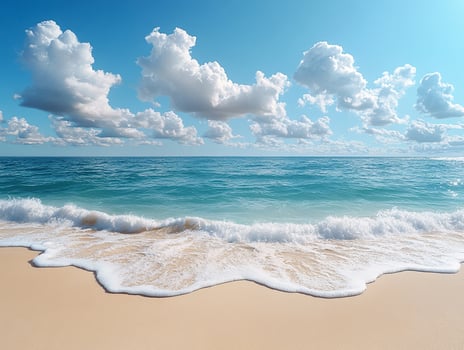 A photorealistic image of a serene tropical beach, featuring pristine white sand and crystal-clear turquoise water. photo