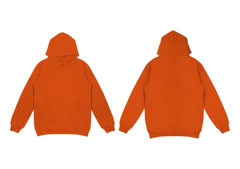Template blank flat orange hoodie. Hoodie sweatshirt with long sleeve flatlay mockup. for design and print. Hoody front and back top view isolated on white background photo