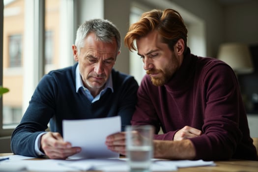 elder man with man discussing holding paper at room photo