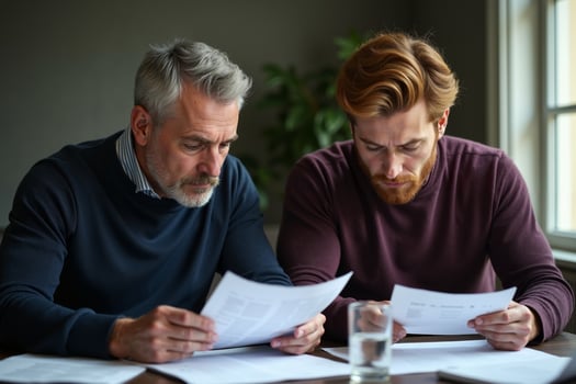 elder man with man discussing holding paper at room photo