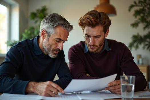 elder man with man discussing holding paper at room photo