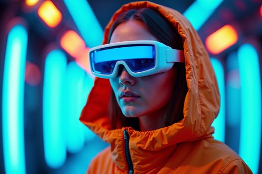 futuristic person with glasses and coat with neon light in background photo