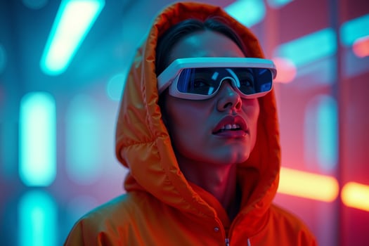 futuristic person with glasses and coat with neon light in background photo