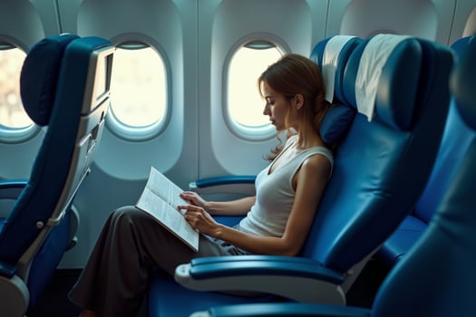 person sitting relax reading a book with window plane in background photo