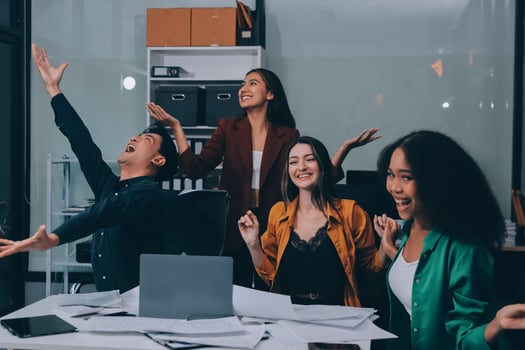 Motivated funny diverse business team people dancing celebrating success at corporate party on friday, happy friendly multiracial coworkers group having fun together enjoy victory dance in office photo