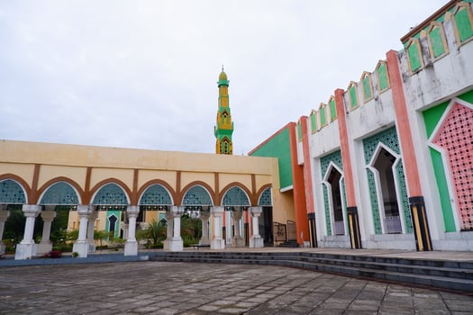 The long, corridor-like entrance gate at the Grand Mosque of Morowali, Central Sulawesi in September 2024. photo