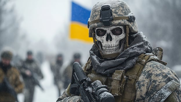A soldier in camouflage stands strong with a rifle in winter gear photo