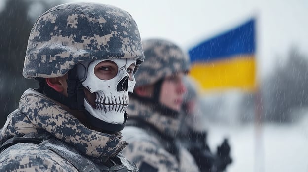 Soldiers in snowy terrain show intensity and resolve, ready for action photo