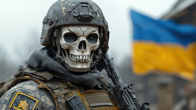 A soldier proudly displays their patriotism and determination amid a chilly battlefield photo