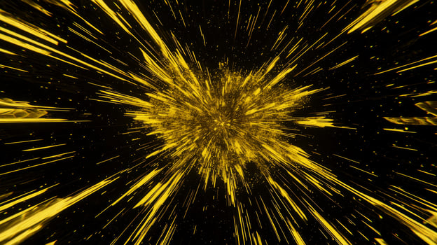 A vibrant explosion of yellow particles radiates outward, creating a striking contrast against an inky black background, evoking a sense of cosmic energy and wonder. photo