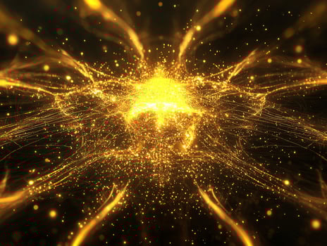 A vibrant explosion of yellow particles bursts forth, forming a dazzling sphere of energy that scatters particles outward in a cosmic display, illuminating the dark background with brilliance. photo