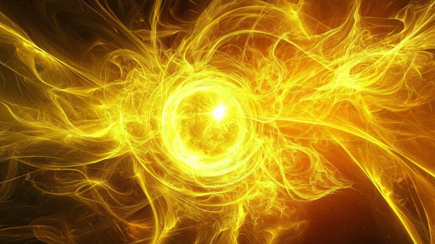 An intense eruption of yellow particles bursts from the center, scattering brilliantly across the darkness. Bright trails and glowing dust create a dynamic and energetic spectacle. photo