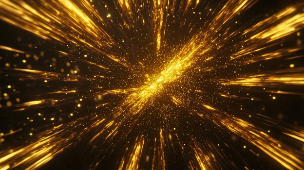 An intense eruption of yellow particles bursts forth from the center, scattering in glowing trails across a dark background, resembling cosmic energy in motion. photo