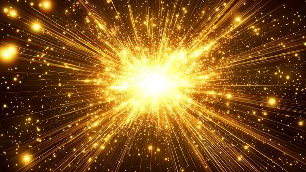 An intense eruption of yellow particles bursts forth from the core, scattering in vibrant trails across the dark backdrop, radiating cosmic energy and potential. photo