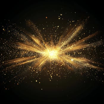 A dazzling golden explosion radiates from a glowing core, sending shimmering particles cascading outward in all directions, creating a breathtaking spectacle of energy and light. photo