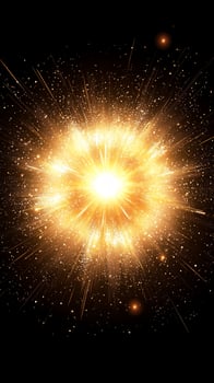 A vibrant explosion of yellow particles radiates against a black backdrop, creating a mesmerizing wave of energy and light as it radiates outward, resembling a cosmic phenomenon. photo