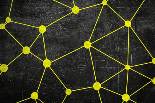 Surrounded by a void of darkness, tiny yellow dots dance across the canvas, interconnected by thin, glowing lines, evoking a mesmerizing starry night in a minimalist style. photo