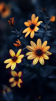 Captivating yellow flower dramatic photo effect dark deep blurred background portrait style