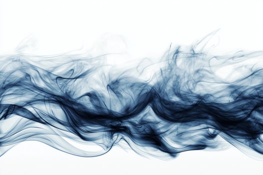 Thick blue smoke swirls beautifully, rising in soft curls on a bright white backdrop. The dark blue hues and expanding edges evoke a sense of depth and mystery. photo