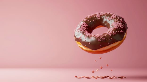 Sweet chocolate topping donut fries snack food flying for tea time photo
