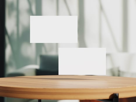 Clean minimal business card mockup on table with office background photo