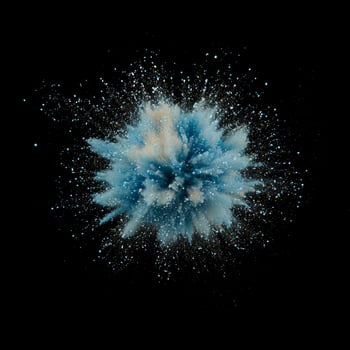 A dynamic explosion of blue particles radiates from a central point, scattering outward with glowing trails, evoking a sense of energy and movement in the dark. photo