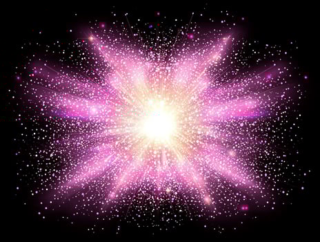 vibrant burst of pink dots and particles expands outward, casting a soft glow against the black background, evoking a sense of dynamic energy and movement in a cosmic dance. photo