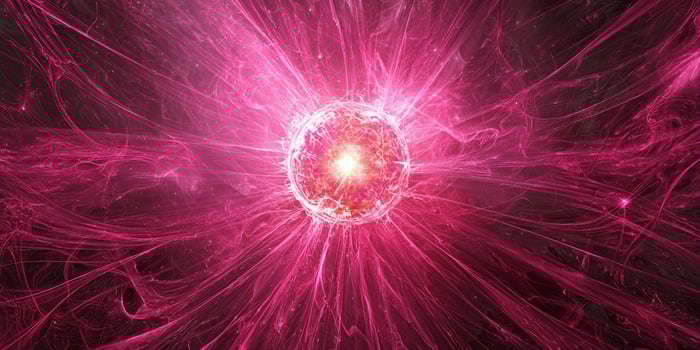 Bright pink particles burst outward from a luminous core, creating an enchanting wave of cosmic energy and shimmering dust in the vastness of space. photo