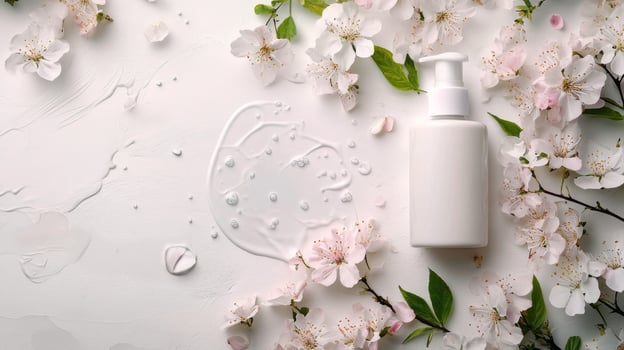 Crafting natural beauty products with an amber bottle and green leaves on a soft background photo