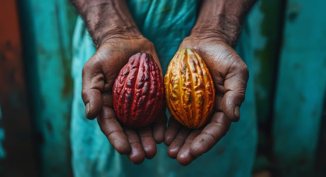 Hands holding ripe cacao pods in a tropical setting during harvest season photo