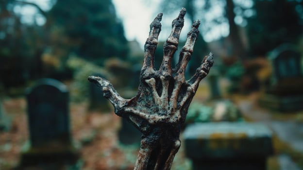 Eerie skeletal hand reaching out amid desolation of abandoned town photo