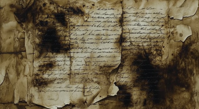 Ancient letter found in ruins, showcasing faded handwriting and charred edges from historical event photo