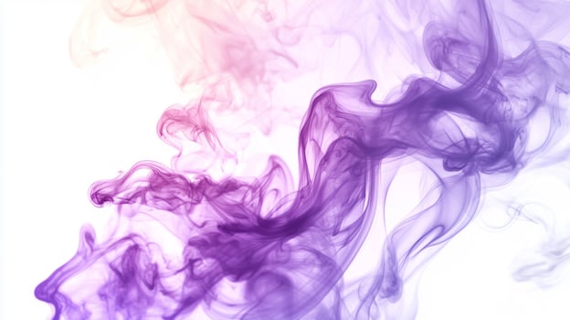 Delicate violet smoke tendrils rise gracefully, showcasing a blend of rich and lighter hues against a pristine white backdrop, creating an ethereal and artistic visual experience. photo