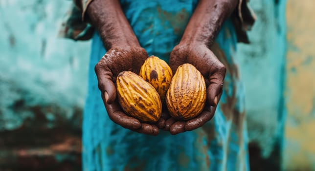 Hands holding ripe cacao pods in a tropical setting during harvest season photo
