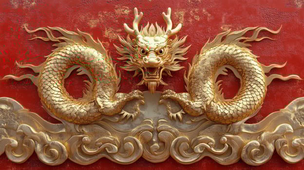 Golden dragon relief on a red background depicting cultural symbolism in traditional art photo