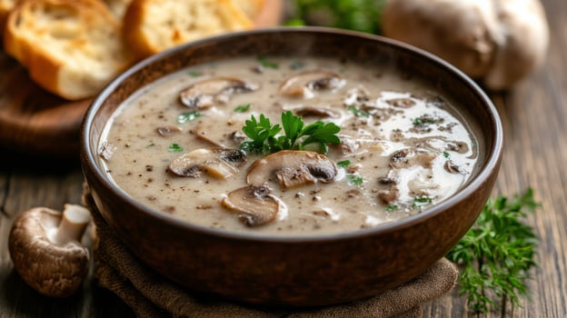 Creamy mushroom soup with fresh herbs and toasted bread served on a rustic wooden table photo