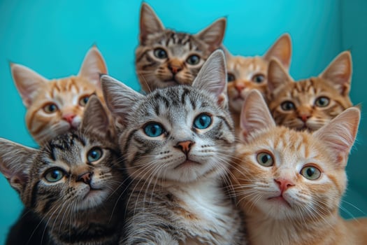 Group of kittens posing on blue background photo