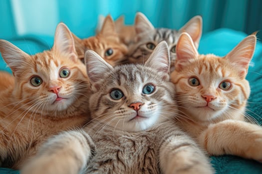 Many curious cats posing on turquoise sofa photo