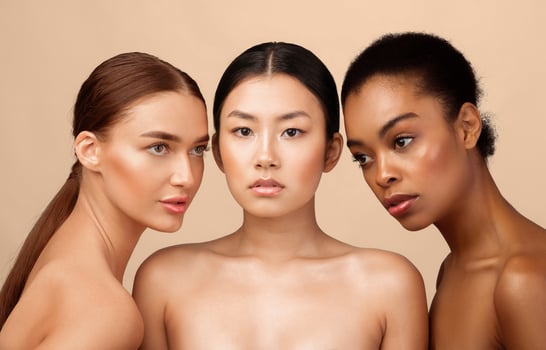 Three Naked Women Models Standing Shirtless Posing In Studio On Gray Background. Natural Female Beauty photo