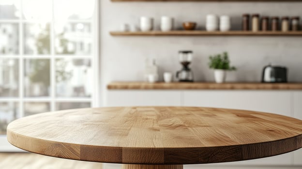 A modern kitchen with a clean and bright background, featuring a round wooden tabletop counter adorned with fresh vegetables. Perfect for product displays and banners photo