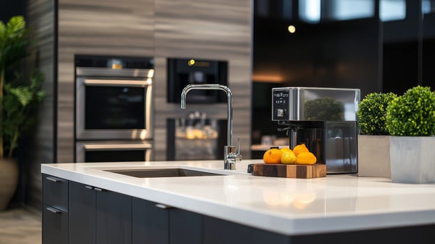 A kitchen with a coffee maker and a fruit bowl photo