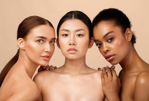 Asian, African And Caucasian Models Girls Posing Shirtless Standing Over Gray Background. Studio Shot. Diverse Beauty photo